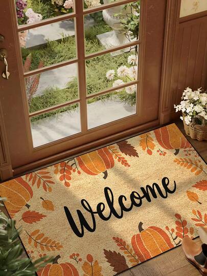 1 Stück Herbst Orange Kürbis & gefallene Blätter "Willkommen" Muster Fußmatte, Landhausstil waschbare Polyesterfaser Matte für Wohnzimmer, Küche, Schlafzimmer, Eingang, Heimdekoration, geeignet für alle Jahreszeiten