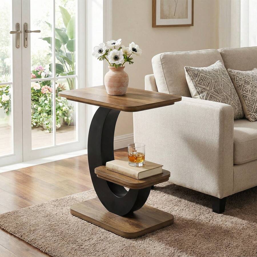 Tribesigns 2-Tier Narrow End Table With Metal Arc-Shaped Frame, Industrial Wooden Side Table, Bedside Nightstand For Living Room, Small Spaces, Bedroom - Nâu và đen - Xem 1