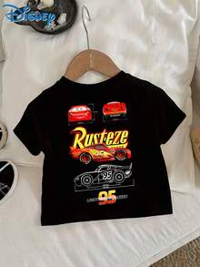 Disney Boy And Girl Casual Fashion Short-Sleeved T-Shirt, Featuring A Cartoon Scene Of A Red Racing Car. Suitable For Party Outfits And Daily Wear. - 黑色 - 查看 3