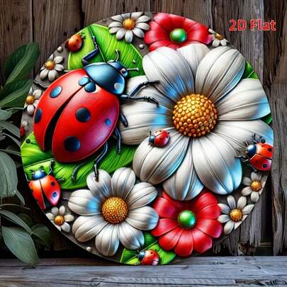 1pc 2D Printed Round Wooden Plaque, Vintage Rustic Sign - Circular Wreath Design, Ladybug Decor, Door Hanging Decoration, Floral Pattern, Durable, Easy To Hang, Home Decor Sign, 2D Flat, Suitable For Room Decoration, Pre-Drilled Holes As Shown In Size