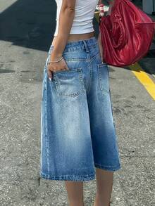 Women's Low-Waist Light-Wash Casual Straight-Leg Denim Shorts, Versatile Daily Wear Summer - Medium Wash - View 4