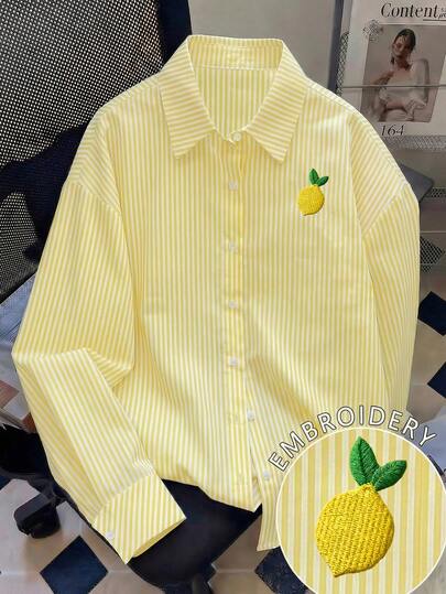 Women's Casual Versatile Striped Shirt, Lemon Embroidered Collar Design, Long Sleeve Button-Up, Suitable For Spring/Summer Everyday Office Wear White