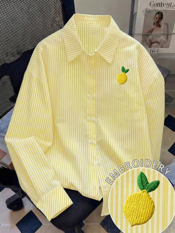 Women's Casual Versatile Striped Shirt, Lemon Embroidered Collar Design, Long Sleeve Button-Up, Suitable For Spring/Summer Everyday Office Wear White