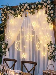 أضواء ستارة سلسلة نجوم وقمر LED، خلفية رومانسية لحفلة الزفاف، أضواء نجوم وقمر ساطعة بالبطارية باللون الأبيض الدافئ للاستخدام الخارجي في حفلات الخطوبة والاستحمام العروس، أضواء سلسلة LED لامعة للنوافذ الداخلية والخارجية والقوس والاستحمام العروس وديكور حفلات الخطوبة للمنزل - متعدد الألوان - مشاهدة 4