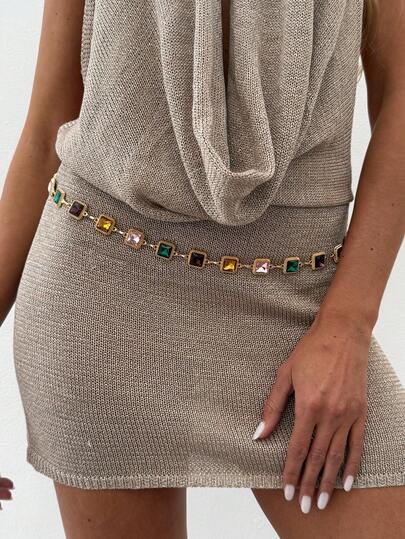 1件奢华彩色水晶水钻腰链，时尚金属拼接腰带，连衣裙、裤装配饰，适合女性日常、度假、派对佩戴（手工链条根据尺寸裁剪，水晶颜色和数量以实物为准）