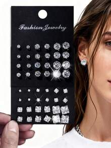 48/24 Stücke minimalistischer, eleganter Modeschmuck-Set mit Strass-Geometriemuster, geeignet für Frauen für Urlaub, Party, Date, Bankett, Reise, Fotoshooting, tägliches Styling, neuer vielseitiger Allround-Stil - Silber - Übersicht 1