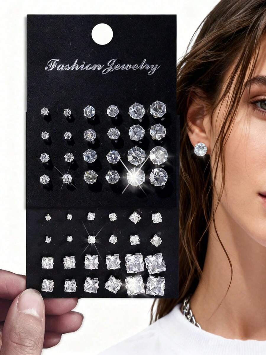 48/24 Stücke minimalistischer, eleganter Modeschmuck-Set mit Strass-Geometriemuster, geeignet für Frauen für Urlaub, Party, Date, Bankett, Reise, Fotoshooting, tägliches Styling, neuer vielseitiger Allround-Stil - Silber - Übersicht 1