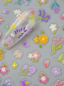 1 pieza Pegatina de arte de uñas 5D con flores, patrón de pintura de flores de primavera, calcomanías de uñas con flores silvestres en relieve para decorar uñas, espejos de maquillaje, tazas de agua, fundas de teléfono y manualidades - vistoso - Ver 1