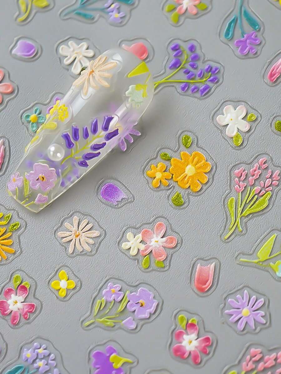 1 pieza Pegatina de arte de uñas 5D con flores, patrón de pintura de flores de primavera, calcomanías de uñas con flores silvestres en relieve para decorar uñas, espejos de maquillaje, tazas de agua, fundas de teléfono y manualidades - vistoso - Ver 1