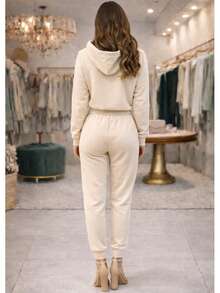 Women's 2-Ply Fleece Tracksuit Set, Winter Fashion, Cold Weather. - 米白色 - 查看 3