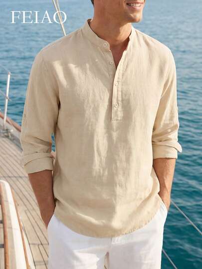 FEIAO Men's Vintage Coin Pattern, Solid Color Roll-Up Sleeve Mandarin Collar Half-Placket Shirt - Lightweight Breathable, Henley Shirt Long Sleeve Men, Pure Cotton Versatile Casual Shirt For All Seasons