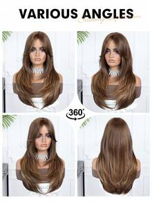 24 Inch Brown Highlighted Natural Layered Wig With Bangs, Elegant Brown Long Straight Wig For Women, Suitable For Daily, Party, Cosplay, Gift - Blonde Highlight - View 8
