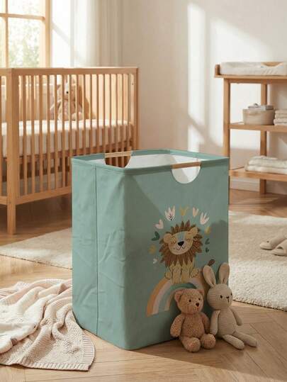 大容量可折叠洗衣篮，动物纹图案，木质提手，多用途，适用于浴室、婴儿房、脏衣服、玩具及其他杂物收纳