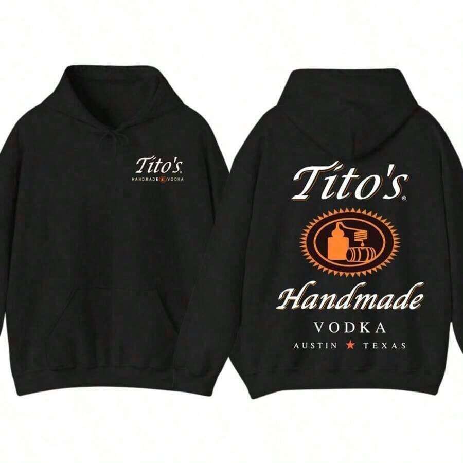 2025 New Summer Loose Pattern Round Neck Shirt,Tito's Handmade Vodka 2-Sided Hoodie T-Shirt, Texas Austin Graphic Pullover, Casual Streetwear For Men And Women, Summer Party Outfit - Black - View 1