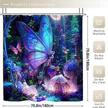 1/4 件套梦幻丛林蝴蝶图案浴室套装 - 防水涤纶浴帘（带挂钩）、防滑地毯、U 型垫和马桶盖套 - 可机洗，动物主题 - A - 查看 5