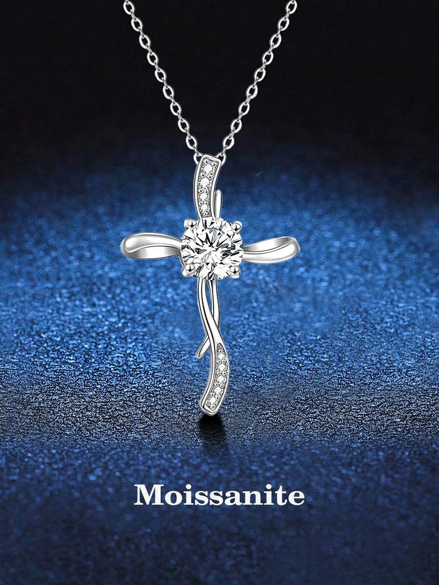 BLOVEMEE 1件优雅奢华925纯银1克拉6.5毫米莫桑石十字项链，适合女性日常佩戴、派对、节日、情人节、母亲节、结婚纪念日等场合，是馈赠佳品。 - 銀色 - 查看 1