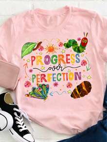1 Piece 180g Back-To-School Season New Printed T-Shirt Progress Is Better Than Perfection Women's Casual Round Neck T-Shirt Suitable For Summer And Autumn - 粉紅色 - 查看 1