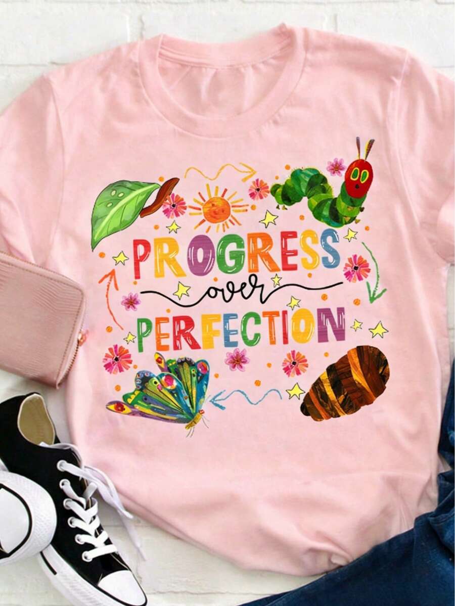 1 Piece 180g Back-To-School Season New Printed T-Shirt Progress Is Better Than Perfection Women's Casual Round Neck T-Shirt Suitable For Summer And Autumn - 粉紅色 - 查看 1