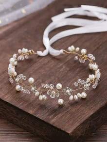 珍珠流苏编织波浪发箍，婚礼头饰配饰，优雅婚礼发型装饰，手工皇冠式发箍带梳子，适合婚礼、派对和度假 - 白色 - 查看 10