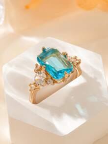 1 chiếc nhẫn cưới thiết kế thanh lịch dành cho nữ, hình vuông màu xanh lam đính đá Cubic Zirconia tổng hợp và đá Cubic Zirconia trắng, thích hợp làm quà tặng kỷ niệm hoặc quà cưới cho nữ. - Màu xanh nhạt - Xem 2