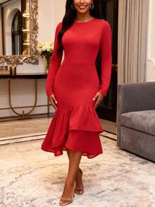 Women's Red Fitted Long Sleeve Dress With Tassel & Ruffle Hem, Elegant For Party, Cocktail, Wedding Guest - Red - View 4