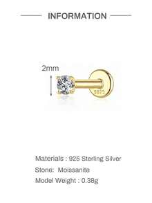 EleRunis 1pc 0.1 Carat Moissanite 925 Sterling Silver 4-Prong Setting 2/3/4mm Flat Bottom Cartilage Earring, Delicate Jewelry For Daily Wear, Wedding, Party, Engagement, Anniversary, Valentine's Day - Gold - View 14