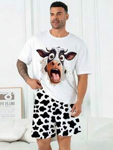 Plus Size Men's Pajama Set | Round Neck Short Sleeve Top And Elastic Waist Casual Shorts 2 Piece Set | Polyester Knit Fabric Soft And Breathable Loose Fit | Cute Cow Print Pattern Casual Design - Black and White - View 7