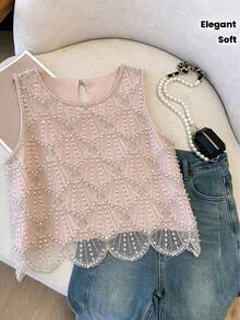 Áo dự tiệc thanh lịch dành cho nữ - Áo kiểu không tay đính sequin, chất liệu xuyên thấu, thích hợp mặc trang trọng hoặc thường ngày - Dễ giặt tay, váy dạ hội, thời trang mùa hè, thiết kế có họa tiết, đường may tinh tế, sequin lấp lánh, trang phục dự tiệc/nghỉ dưỡng - Màu Hồng baby - Xem 2