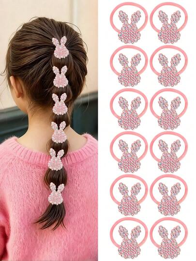 12 Stück Osterhasen Haarreife für Mädchen, süße Hase Strass Elastische Haarclips Haaraccessoires, bezauberndes glänzendes Haargummi Set für Feiertage & Alltag, geeignet für Teenager