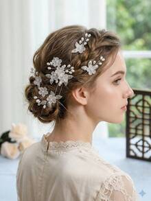 5件套 空灵新娘哑光花朵发夹套装，优雅珍珠银叶发夹，手工婚礼派对发饰 - 彩色 - 查看 5
