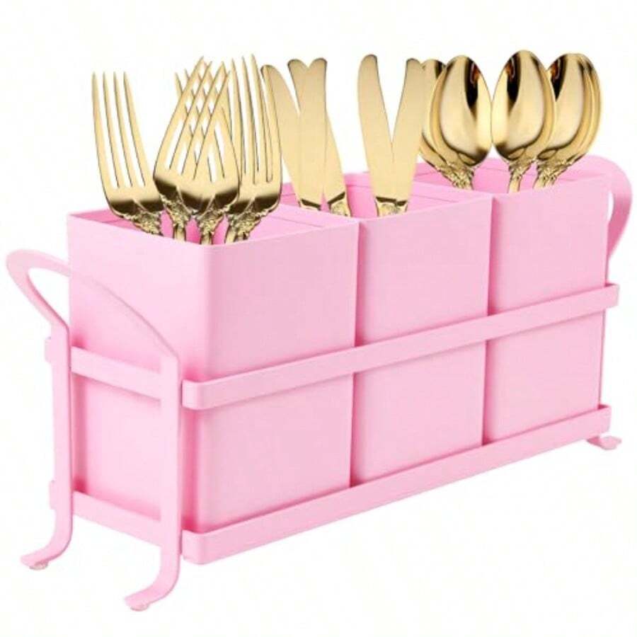 Organizador de cubiertos de metal 3 compartimentos para utensilios con estante de metal organizador de cubiertos para encimera fiesta picnic camping al aire última intervensión color - Rosa - Ver 1