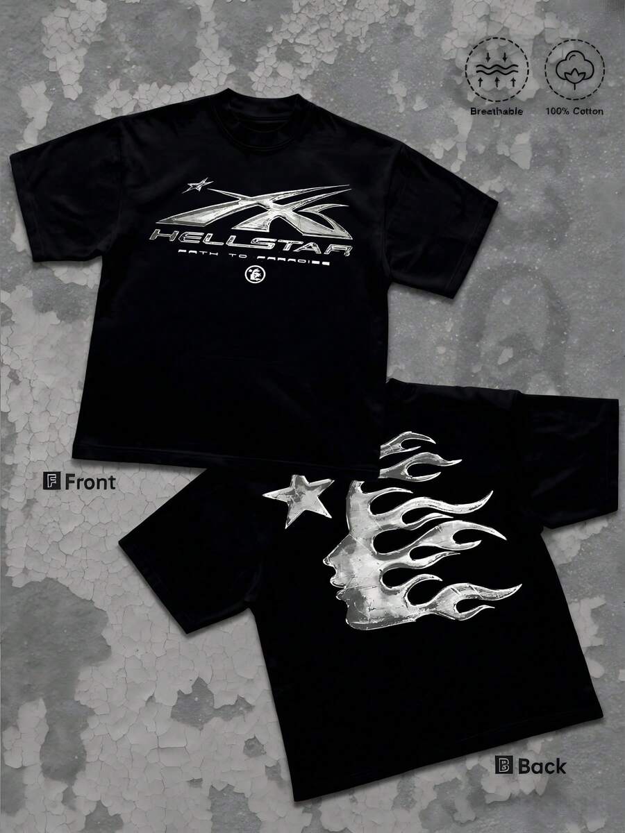 Silver Flame Face Merging With A Star Symbolizes Passion And Dreams Shining Through Darkness Double Sided Digital Printed 1Pcs Men's Casual 100% Cotton Tshirt - 黑色 - 查看 1