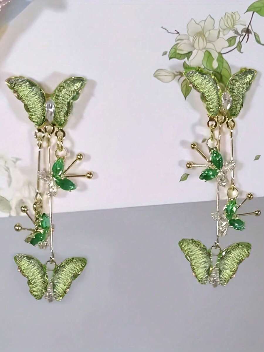 1 Cặp bông tai dài hình bướm xanh thanh lịch và tua rua, đa năng để đeo hàng ngày
