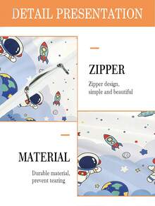 2件套婴儿床品套装 可爱宇航员图案被套套装（春夏系列） 双面印花被套套装，适合儿童、青少年、男孩、女孩，四季皆宜，拉链封口（1个单面印花枕套 + 1个双面印花被套，不含填充物） 枕套为单面印花，尺寸为40x60厘米，100%涤纶 - 彩色 - 查看 5