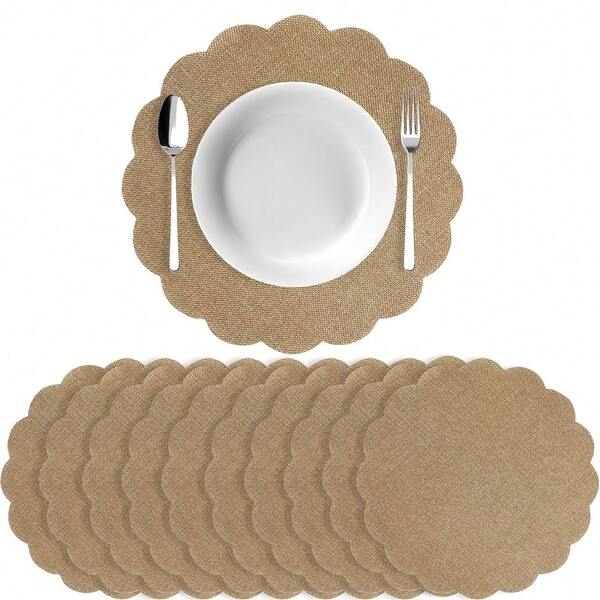 10pcs Linen Placemats, Flower/Round Shape 13 Inch, Home & Kitchen Reusable, Brown, Jute Fiber, Bulk Boho Rustic Dining Table Decor, Suitable For Restaurant, Wedding, Dinner Party, Gathering, Holiday, Farmhouse Style