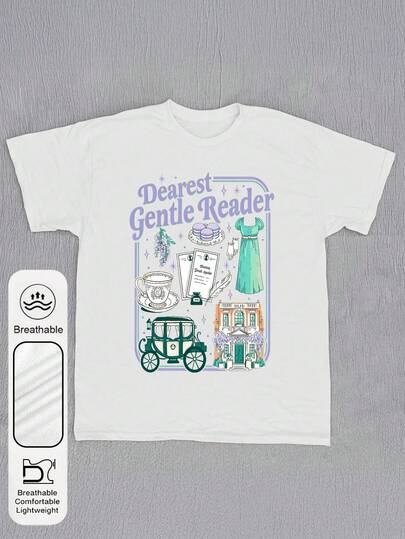 Plus Size Women's Daily Carriage, Teacup, Macaron Graphic Crew Neck Short Sleeves Casual Summer Women's Tops ,A Gift For Dear Readers Graphic Fashionable And Versatile Women's White T-Shirt