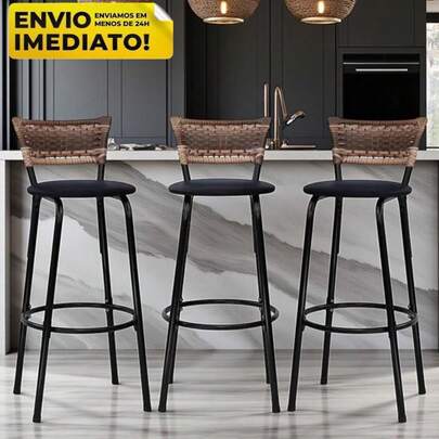 WT STORE Kit 3 Banqueta Alta Cozinha Banco Balcão Bar Area Gourmet de Junco Banco Fibra Sintetica