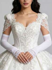 1 đôi tay áo ren mỏng màu trắng, thích hợp cho đám cưới, mặc ngoài trời để che chắn và bảo vệ da. - trắng - Xem 3