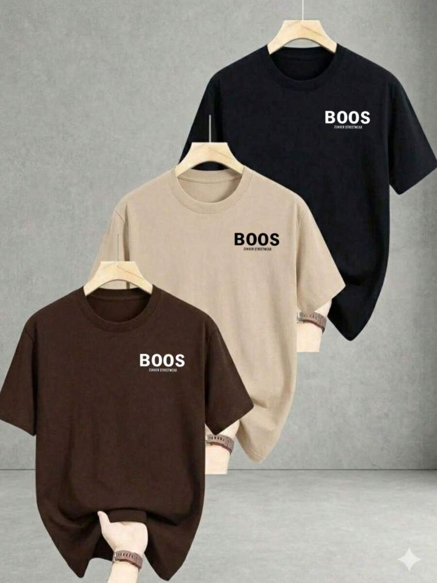 Kit Of 3 Men's T-Shirts, 100% Cotton, 30.1 Thread Count, Premium Basic Knit Shirt, Comfortable Boos Model, Various Colors - Black/beige/brown - View 1