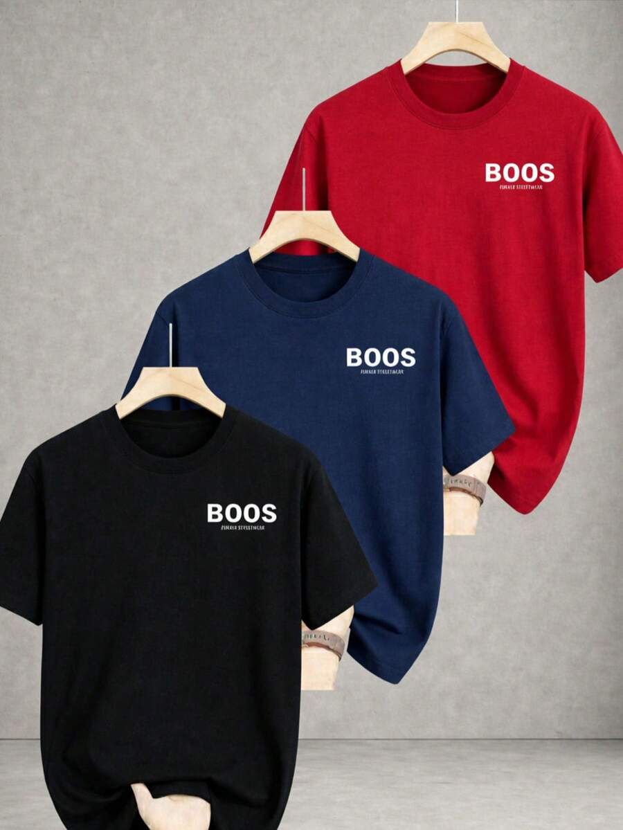 Kit Of 3 Men's T-Shirts, 100% Cotton, 30.1 Thread Count, Premium Basic Knit Shirt, Comfortable Boos Model, Various Colors - negro/azul marino/rojo - Ver 1