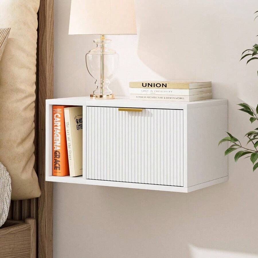 Mesita de noche flotante, mesa de noche flotante de pared con cajón de almacenamiento y estante abierto, mesita de noche moderna para dormitorio, 19.3 pulgadas x 11.4 pulgadas x 10 pulgadas, blanco - Blanco - Ver 1