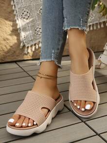 女士运动凉鞋、拖鞋、夏季露趾厚底低跟休闲时尚穆勒鞋 - 米色 - 查看 6