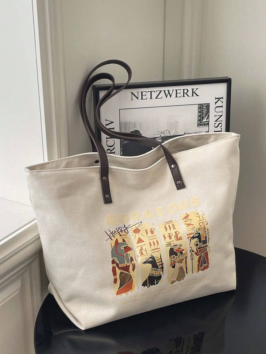 Dedoo Bolso de lona con estampado de estilo egipcio retro literario de gran capacidad, bolso de hombro personalizado e inspirador para mujer, adecuado para el transporte diario, la biblioteca, los estudios, los paseos por la ciudad, ir a la escuela o viajes cortos - Blanco - Ver 1