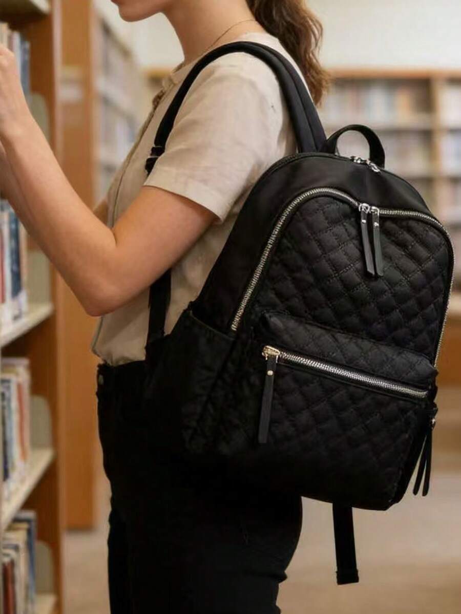 Ba lô chần bông dành cho nữ | Ba lô du lịch bằng nylon nhẹ với nhiều ngăn, phù hợp cho công việc, trường học và sử dụng hàng ngày | Ba lô chần bông thời trang dành cho nữ | Ba lô đi làm thông thường với ngăn đựng laptop, dây đeo có thể điều chỉnh, thích hợp cho đi làm, du lịch và đi học. - màu đen - Xem 1