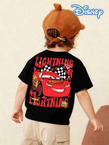 Disney Black Background Cars Lightning McQueen Print Kids' Short Sleeve T-Shirt - Playful And Cute Racing Style Top - Black - View 1