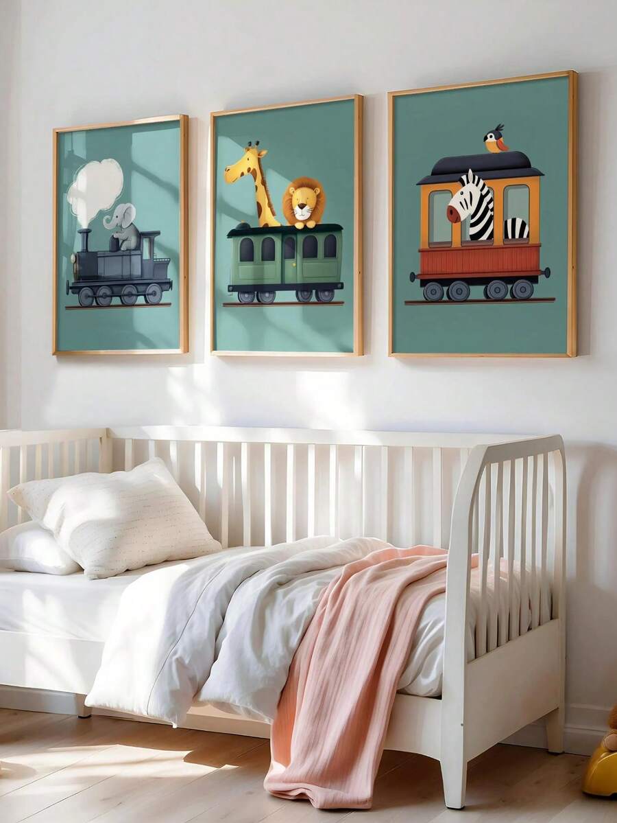 1幅帆布防水儿童房装饰画,带框儿童房海报,野生动物火车主题儿童房墙画,男孩房装饰,包含狮子、大象、长颈鹿和斑马图案,色彩缤纷的游戏室装饰,婴儿房装饰,幼儿园装饰,孕妇房墙画,游戏室海报,卡通装饰 - 彩色 - 查看 1