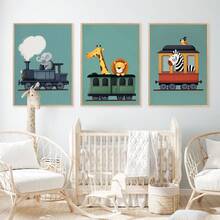 1幅帆布防水儿童房装饰画，带框儿童房海报，野生动物火车主题儿童房墙画，男孩房装饰，包含狮子、大象、长颈鹿和斑马图案，色彩缤纷的游戏室装饰，婴儿房装饰，幼儿园装饰，孕妇房墙画，游戏室海报，卡通装饰 - 彩色 - 查看 5