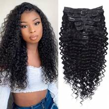 Deep Wave Clip Ins Human Hair Extensions For Women 8Pcs Cuticle Aligned Real Hair Curly Thick To Ends With 120g/Set 18 Clips - Natural Black - View 3