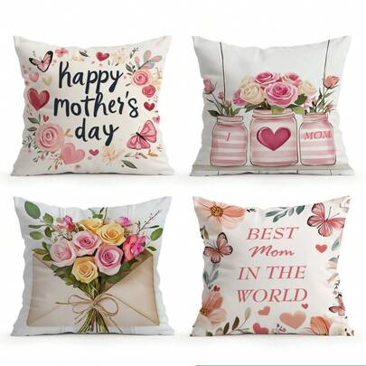 4件套母亲节花卉图案单面印花抱枕套，装饰枕套，适用于客厅、沙发、卧室，不含枕芯