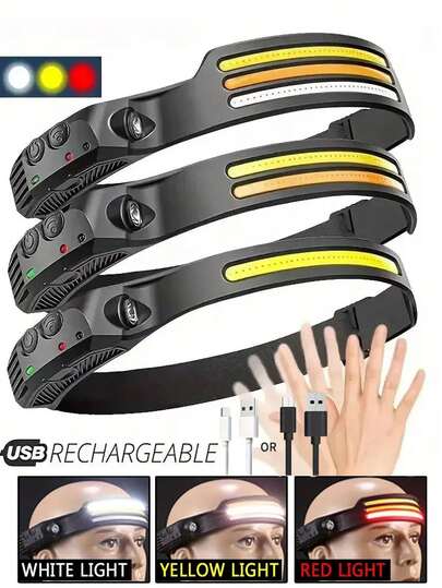 High Sensitivity COB LED Headlamp, Contactless Wave Sensing Design, Multi-Function Floodlight, Rechargeable Battery, 2-In-1 Long Range Flashlight, Lightweight Headband, Suitable For Fishing, Camping, Cycling, Repair And Emergency Lighting